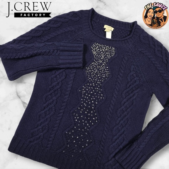 J.Crew Factory Sweaters - J.Crew Factory Sweater Womens Medium Merino Wool Navy Blue Beaded Cable Knit